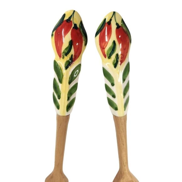 Orvieto Hand-Painted Red Chili Design Ceramic & Wood Salad Serving Fork & Spoon - Picture 3 of 4